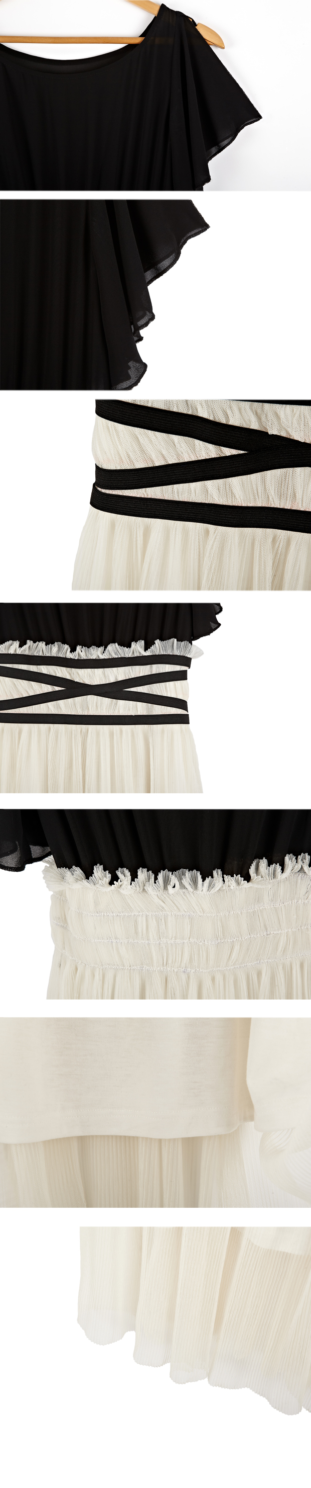 MAXI DRESS ชุดเดรสยาวแฟชั่นแขนสั้น ใส่ทำงาน เที่ยว ตัวเสื้อสีดำ กระโปรงสีขาวครีมผ้ามุ้ง ใส่ออกงาน สวยๆ ASIA STREET FASHION