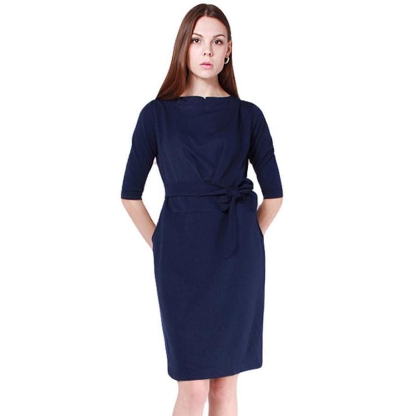 LALANG Women Half Sleeve Women is Fashion Dresses O-Neck Slim Casual Dark Blue