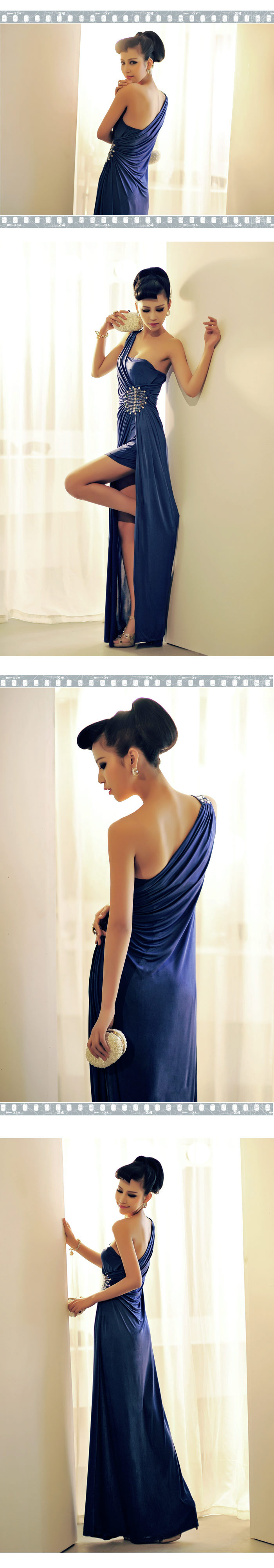 ชุดราตรียาว Maxi Dress ชุดเดรสยาว สีน้ำเงิน เปิดไหล่ ประดับคริสตัลที่ช่วงเอว ใส่ออกงาน สวยน่ารัก Asia Street Fashion