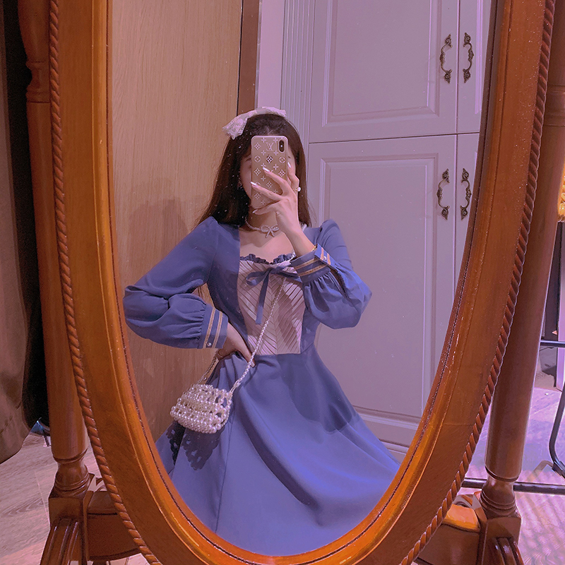 พรีออเดอร์ : เดรสยาวแฟชั่นสไตล์หวาน สีน้ำเงินแขนยาว