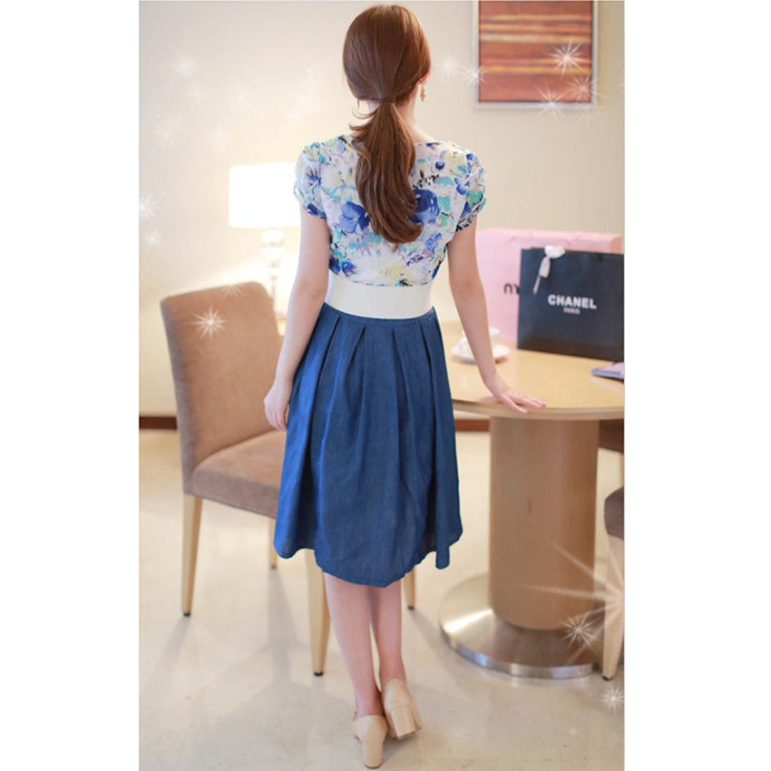 Prenair ร้านขายชุดเดรสแฟชั่นออนไลน์ Flower Fresh and Elegant Stitching Denim