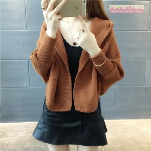 เสื้อคลุมกันหนาว ไหมพรมถัก ตัวสั้นมีฮู๊ด มีให้เลือกหลายสี พร้อมส่ง สีดำ