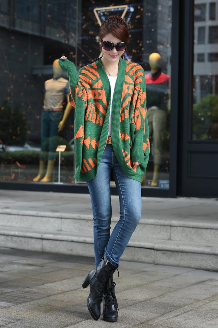 fashion เสื้อคลุม ไหมพรม สีเขียว ส้ม ใส่กันหนาวได้ อุ่นๆ น่ารัก