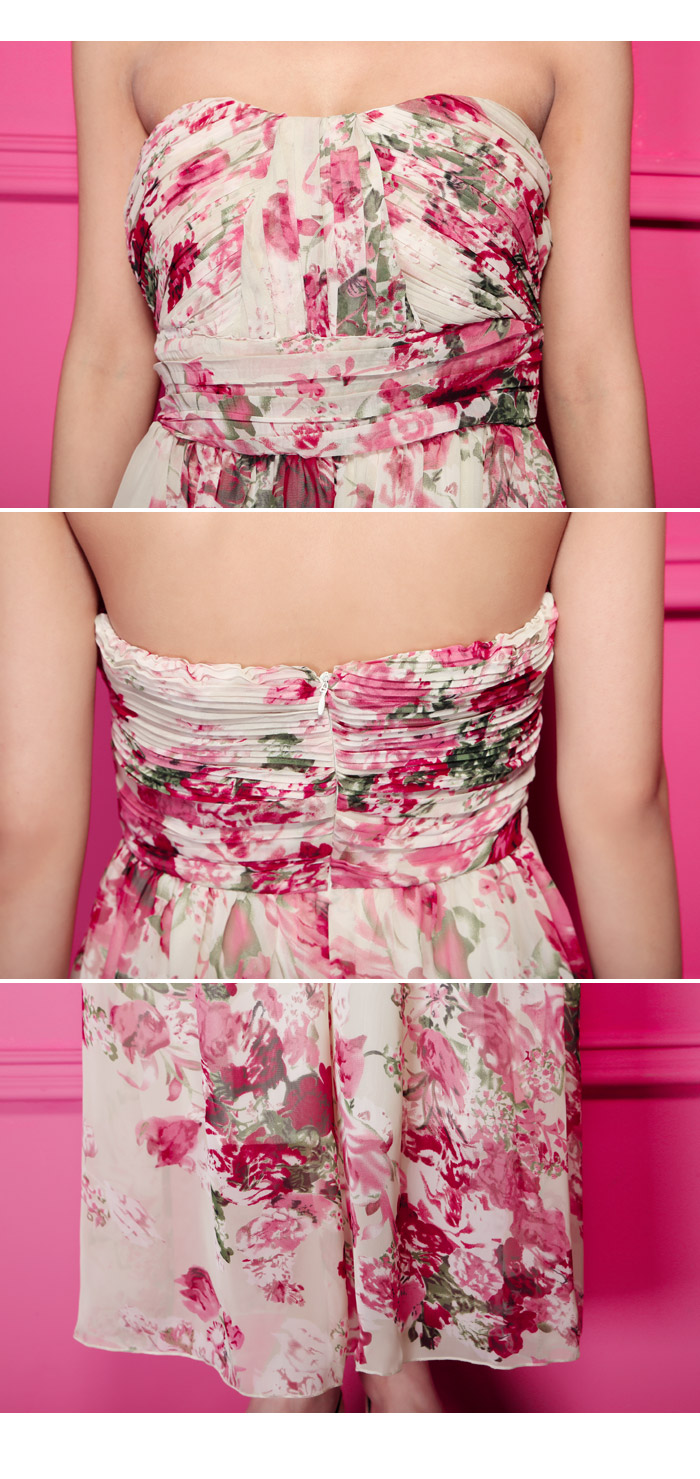 maxi dress ชุดเดรสยาวเกาะอก งานแต่งงาน ผ้าชีฟอง พื้นสีเบจลายดอกไม้สีชมพูเขียว ใส่ออกงาน น่ารัก สวยๆ Asia Street Fashion