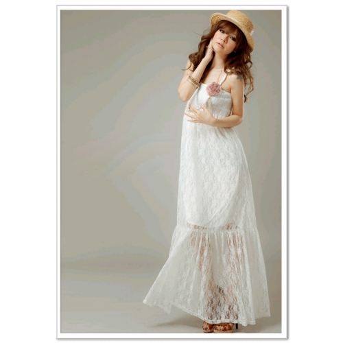 maxi dress ชุดเดรสยาวผ้าลูกไม้ สายเดี่ย; สม๊อกอก สีขาว ใส่ไปงานแต่งงาน น่ารัก ใส่ออกงาน สวยมาก Asia Street Fashion