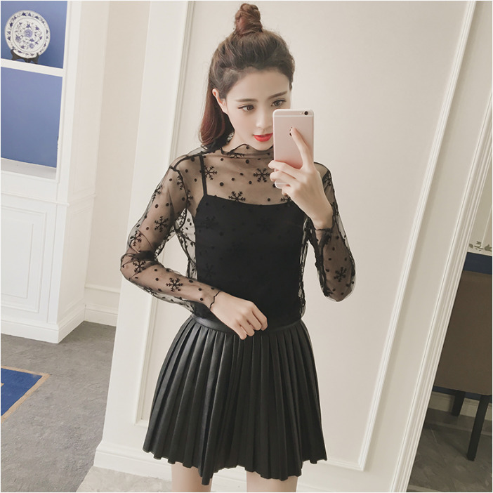 เสื้อซีทรูสีดำ ลายหิมะ แขนยาว สวยเก๋ เซ็กซี่
