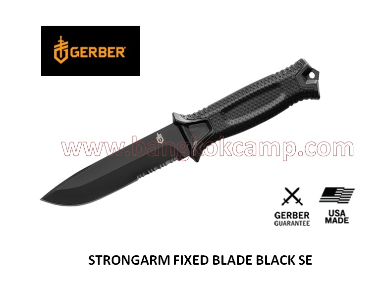 มีดใบตาย Gerber StrongArm Fixed 4.8" Black Combo Blade, Black Glass Filled Nylon Handles - 30-001060N ของแท้