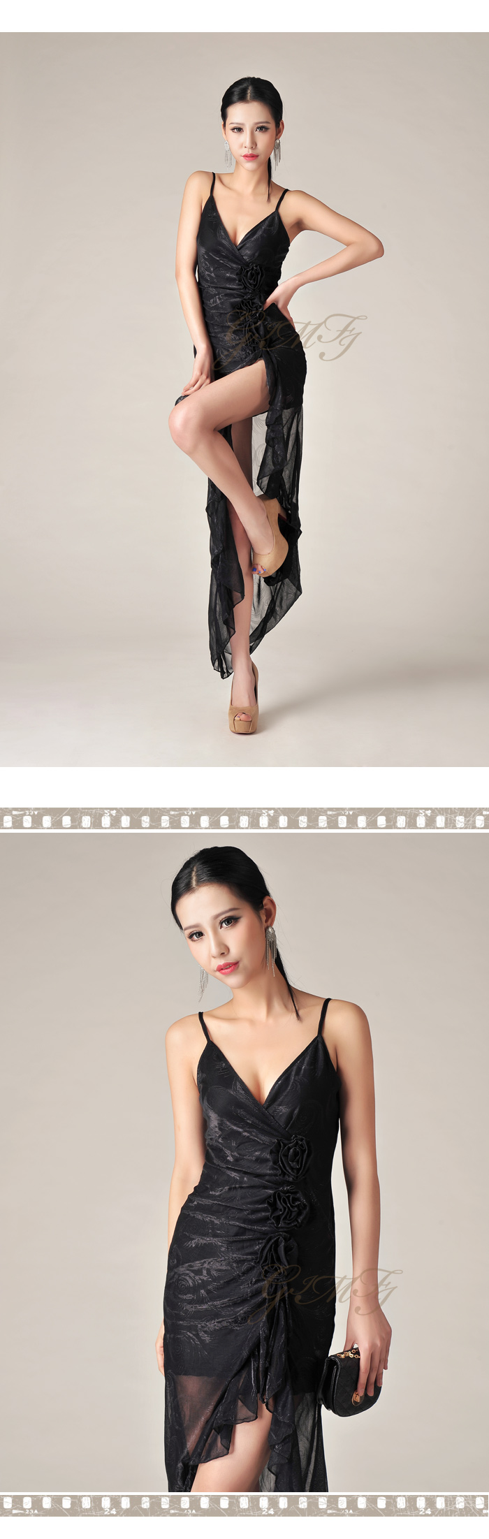 MAXI DRESS ชุดเดรสยาวแฟชั่นสายเดี่ยว SEXY สีดำ ผ้าตาข่าย แต่งดอกไม้ สวยมาก ใส่ออกงานกลางคืนได้ ASIA STREET FASHION