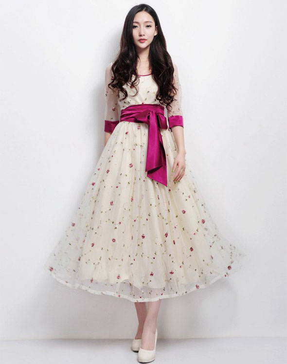 maxi dress เดรสยาว ออกงาน สีครีม จั๊มเอว ใส่ไปงานแต่งงาน น่ารัก สวยๆ