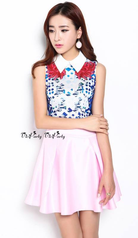 Printed Sleeveless Top + pink skirt ชุดเข้าเซ็ท เสื้อกับกระโปรง ผ้าPolyesterเนื้อSilk satin