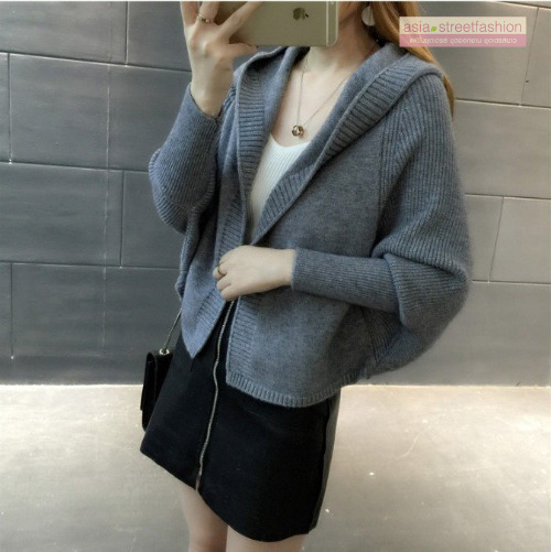 เสื้อคลุมกันหนาว ไหมพรมถัก ตัวสั้นมีฮู๊ด มีให้เลือกหลายสี พร้อมส่ง สีดำ