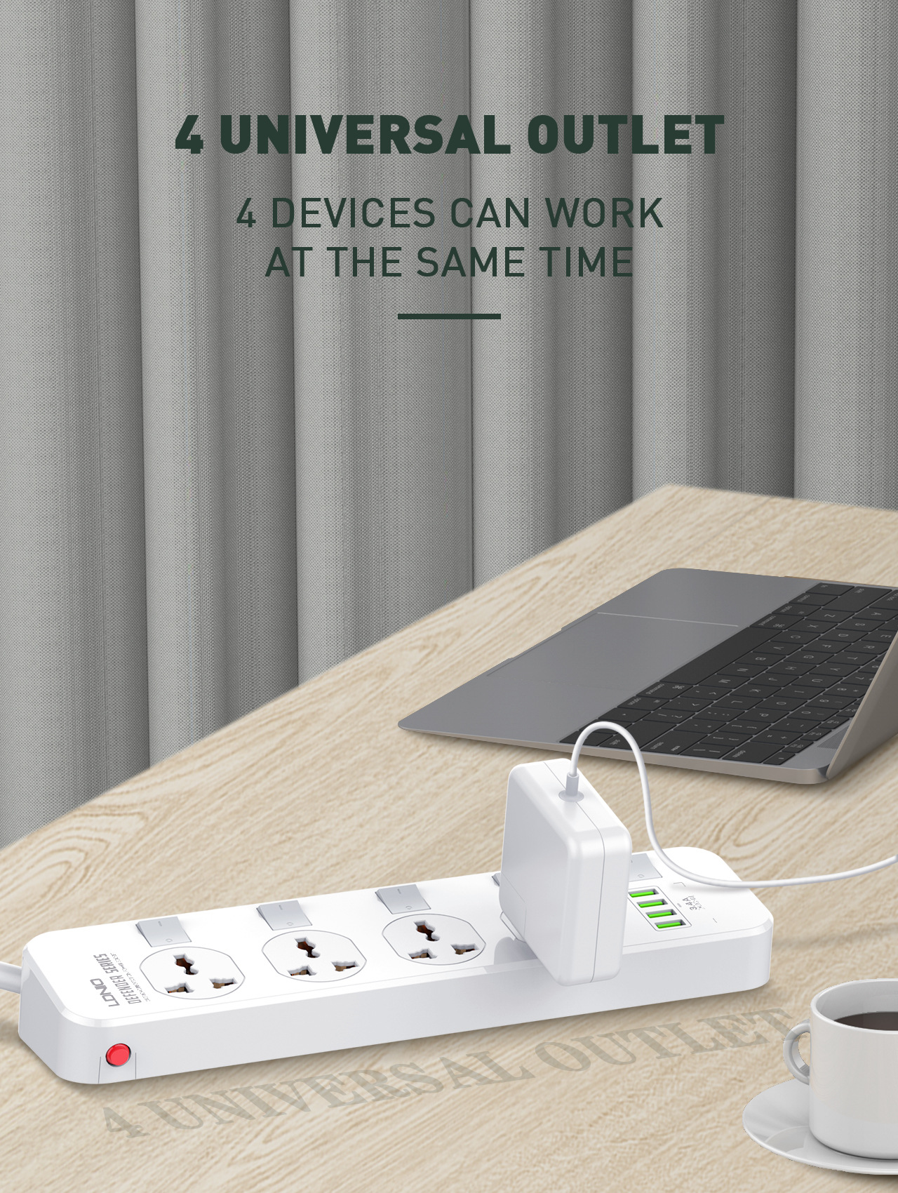 ปลั๊กไฟ รางปลั๊กไฟ ปลั๊กพ่วง LDNIO รุ่น SC4408 4 ช่อง 4 USB สาย 2 เมตร