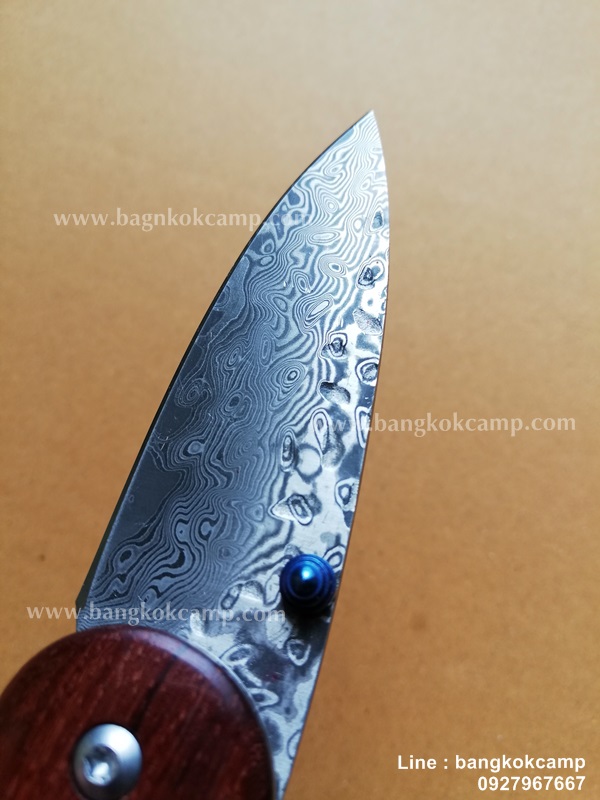 มีดพับ ดามัสกัส Damascus ด้ามไม้ หมุดฟ้า
