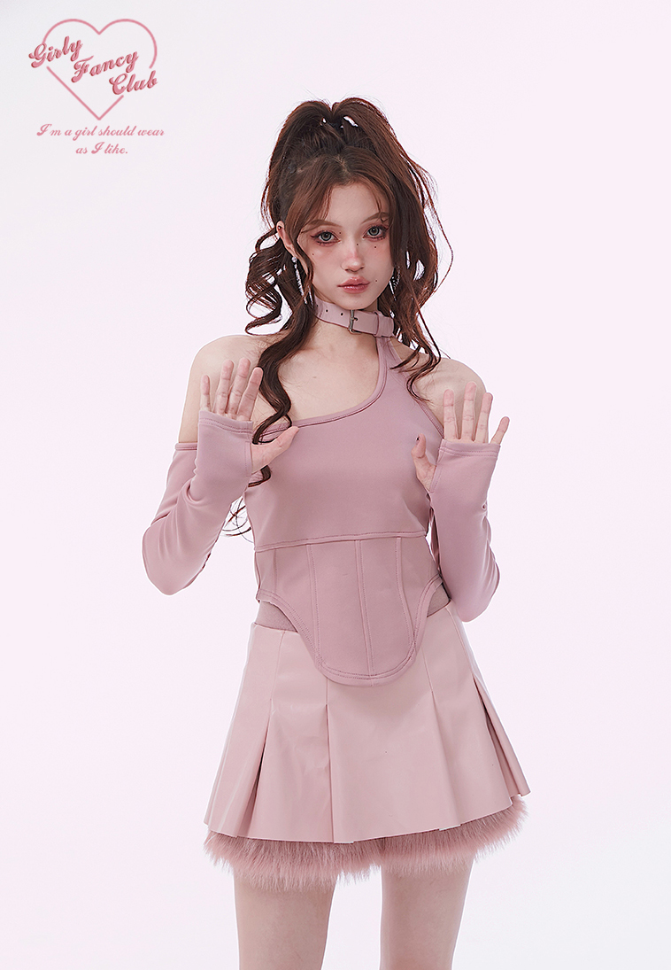 Girly Fancy Club : พรีออเดอร์ ชุดเซ็ทแฟชั่น (ราคาแยกชิ้น) เสื้อยืดแขนยาวเข้ารูป เปิดไหล่แต่งสายเข็มขัดปลอกคอ / กระโปรงหนังแต่งขนนุ่ม แบรนด์แท้
