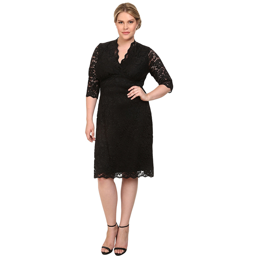 European and American women's large size 2016 spring V-neck SexySlim lace dress(Black)- Intl