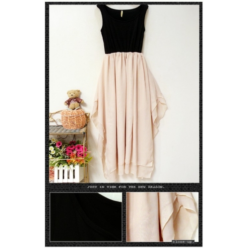 maxi dress ชุดเดรสยาวแฟชั่น แขนกุด ใส่ไปงานบายเนียร์ เซ็กซี่ ผ้าคอตตอน + ชีฟอง สีดำ ขาวครีม ใส่ออกงาน