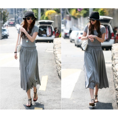 maxi dress ชุดเดรสยาว ใส่เที่ยว ใส่ทำงาน แฟชั่นเกาหลี ผ้า cotton สายผูกเย็บติดในตัว สีเทา เท่ห์ๆ Asia Street Fashion