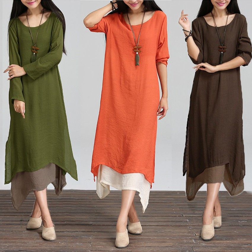 ZANZEA ชุดเดรสออนไลน์ยาวทรงเอ สำหรับผู้หญิง BOHO Sundress Cotton Linen