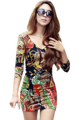 Deep V-neck Long Sleeve Flower Print Mini Dresses (Multicolor)