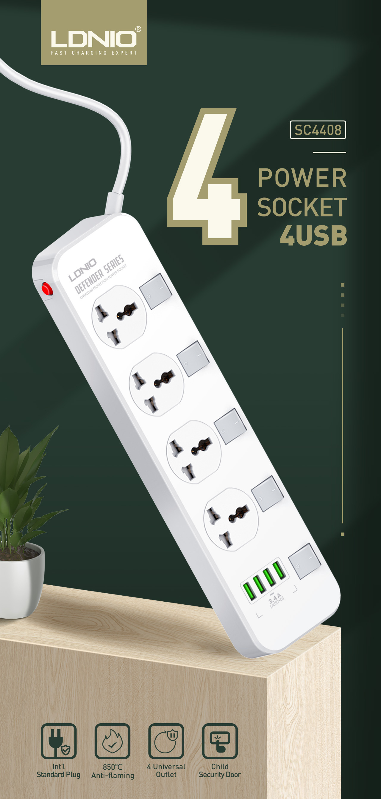 ปลั๊กไฟ รางปลั๊กไฟ ปลั๊กพ่วง LDNIO รุ่น SC4408 4 ช่อง 4 USB สาย 2 เมตร