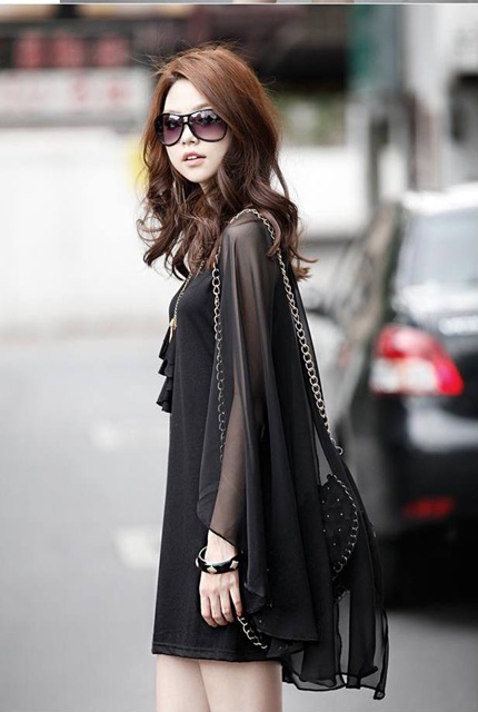 DRESS ชุดเดรสแฟชั่นเกาหลี ผ้า COTTON ตัดต่อผ้าชีฟอง สีดำ ใส่ออกงานได้ ASIA STREET FASHION