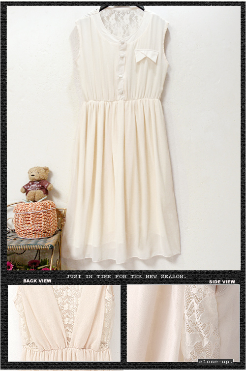 maxi dress - ชุดเดรสยาว แขนกุด สีครีม ผ้าชีฟอง กระดุมหน้า แต่งลูกไม้ด้านหลัง จั๊มเอว สามารถใส่ออกงานได้ น่ารัก Asia Street Fashion