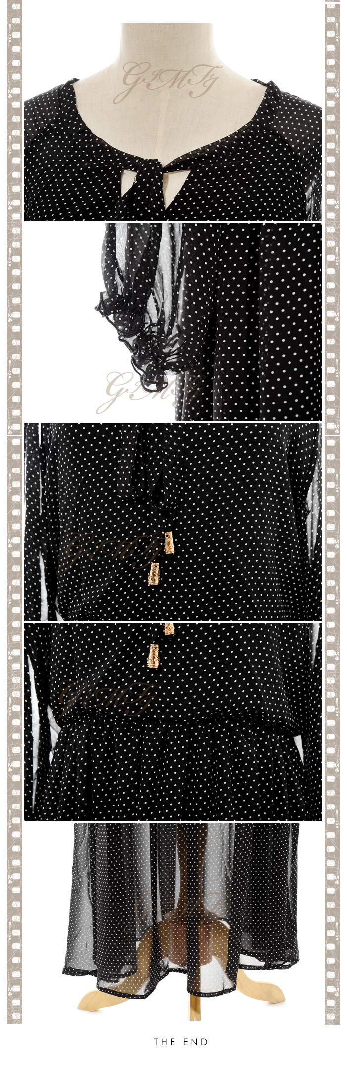 MAXI DRESS ชุดเดรสยาวแฟชั่นแขนยาว สีดำลายจุดขาว คอวี ผ้าชีฟอง จั๊มเอว ใส่เที่ยว ใส่ทำงาน สวยมาก ASIA STREET FASHION