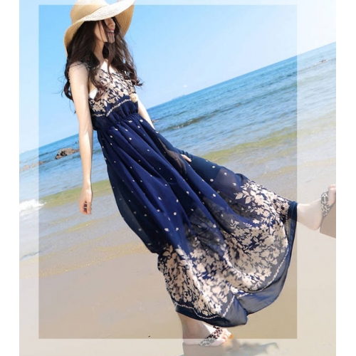 maxi dress เดรสยาวผ้าชีฟอง ใส่เที่ยวทะเลชิวๆ สีน้ำเงิน สวย น่ารักๆ Asia Street Fashion