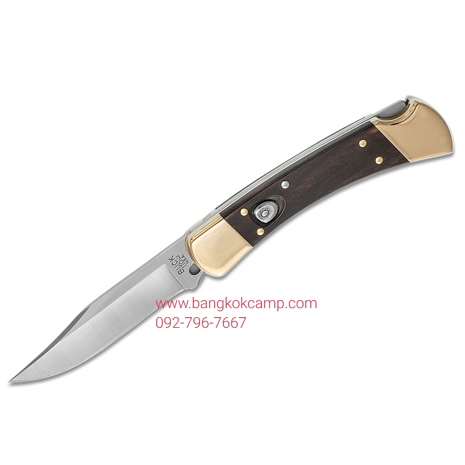 มีดพับ Buck 110 AUTO Folding Hunter 3.75" Plain Blade, Ebony Wood Handles, Leather Sheath - 11197
