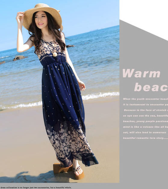 maxi dress เดรสยาวผ้าชีฟอง ใส่เที่ยวทะเลชิวๆ สีน้ำเงิน สวย น่ารักๆ Asia Street Fashion