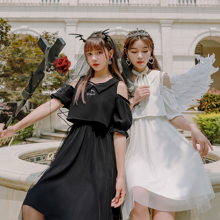 SNBL Girl : พรีออเดอร์ เดรสยาวเปิดไหล่น่ารักๆ ด้านหลังพิมพ์ลายปีกตามแบบ มี 2สี แบรนด์แท้