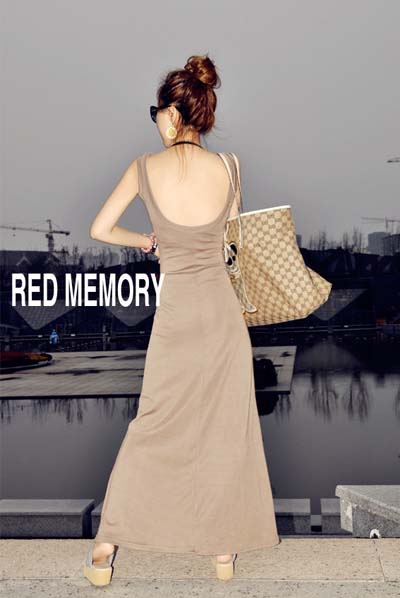 MAXI DRESS ชุดเดรสยาวใส่เที่ยว ทำงาน สีน้ำตาล แขนกุด เปิดหลัง ใส่ออกงานได้ เซ็กซี่ น่ารักๆ ASIA STREET FASHION