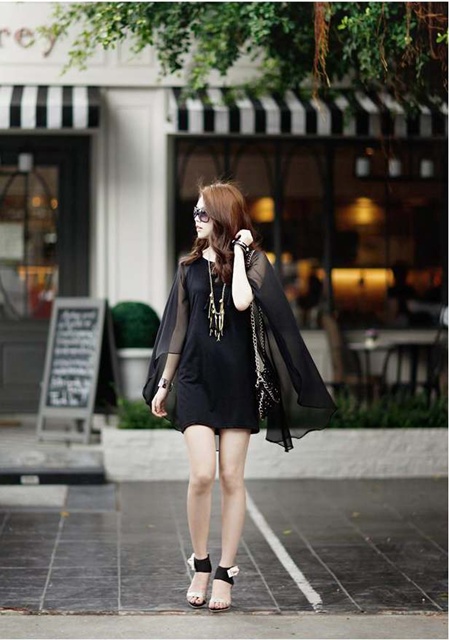 DRESS ชุดเดรสแฟชั่นเกาหลี ผ้า COTTON ตัดต่อผ้าชีฟอง สีดำ ใส่ออกงานได้ ASIA STREET FASHION