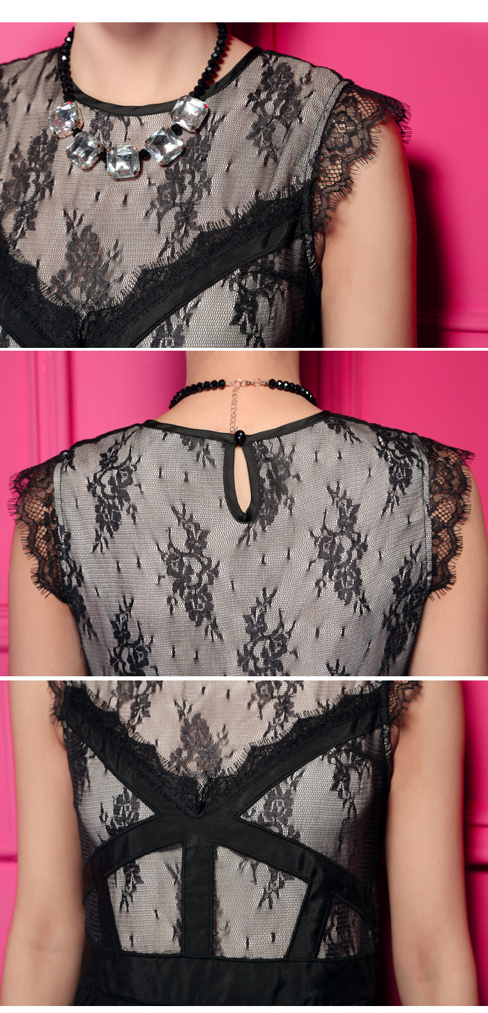 maxi dress ชุดเดรสยาว แฟชั่น ผ้าชีฟอง แต่งลูกไม้ แขนกุด สีดำ ใส่ออกงาน