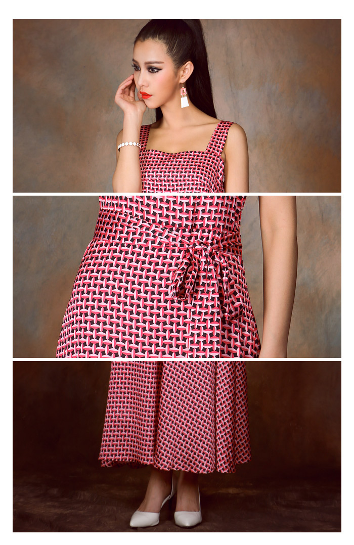 maxi dress - ชุดเดรสยาว ลายสีชมพู ดำ ใส่ออกงาน ใส่เที่ยว เชือกผูกเอว สวยๆ Asia Street Fashion