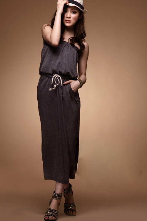 MAXI DRESS - ชุดเดรสยาวเกาะอก ใส่เที่ยว ทำงาน สีเทา จั๊มเอว กระเป๋า 2 ข้าง น่ารัก เท่ห์ๆ ASIA STREET FASHION