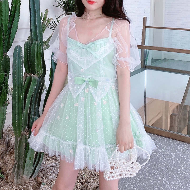 Summer Joy : พรีออเดอร์ เดรสตุ๊กตาแฟชั่นน่ารักๆ สีเขียว แขนกุด และ เสื้อคลุมแบบบางใสครอปสั้น (ราคาแยกชิ้น)