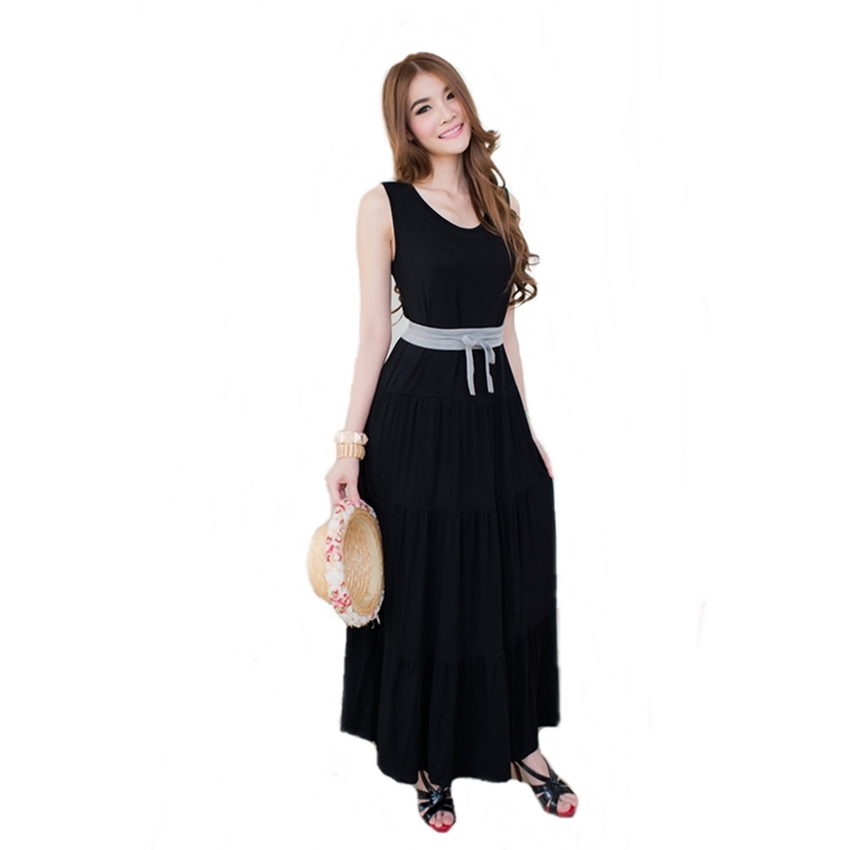 Fashionstory Maxi Ladies Dresses Korean Style ผ้ายืด Rayon - สีดำ