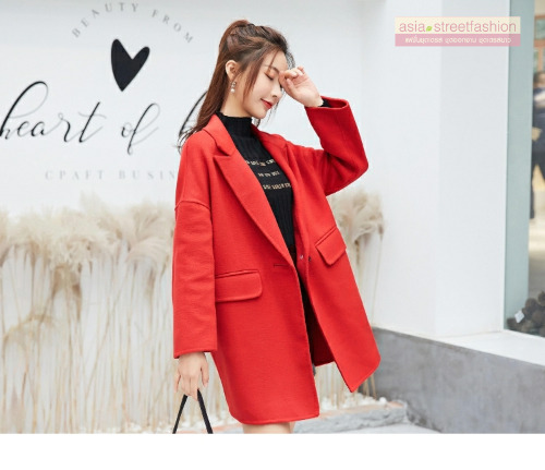เสื้อโค้ท สไตล์เกาหลี ทรงโคล่ง แบบเก๋ ผ้าหนากันหนาวได้ดี บุซับในกันลม พร้อมส่ง สีแดง