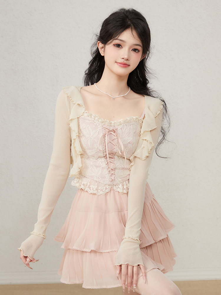 Acaine : พรีออเดอร์ เสื้อสายเดี่ยวลูกไม้สีชมพู และ กระโปรงพลีทระบายสองชั้นขอบเอวยืด (ราคาแยกชิ้น) แบรนด์แท้