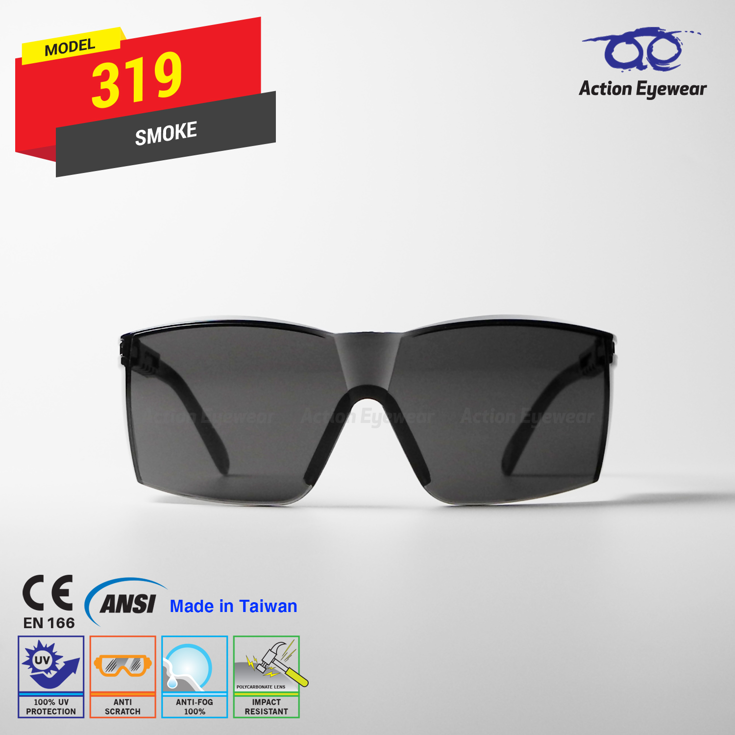แว่นตานิรภัย รุ่น 319 (กันฝ้า 100%) เลนส์ดำ