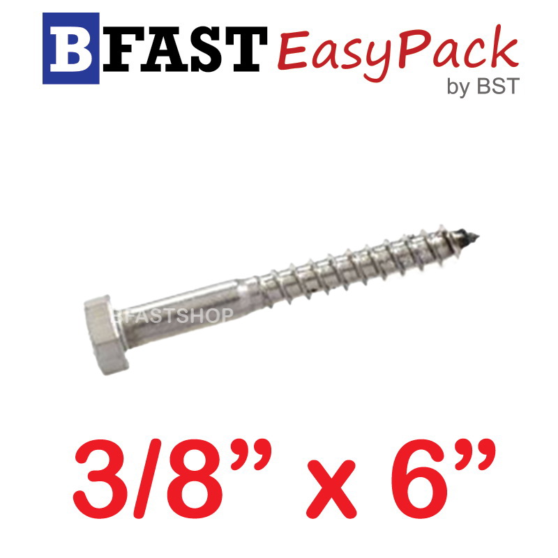 สกรูเกลียวปล่อยขันไม้สแตนเลส 3/8" x 6" ( 1 ตัว/ถุง)