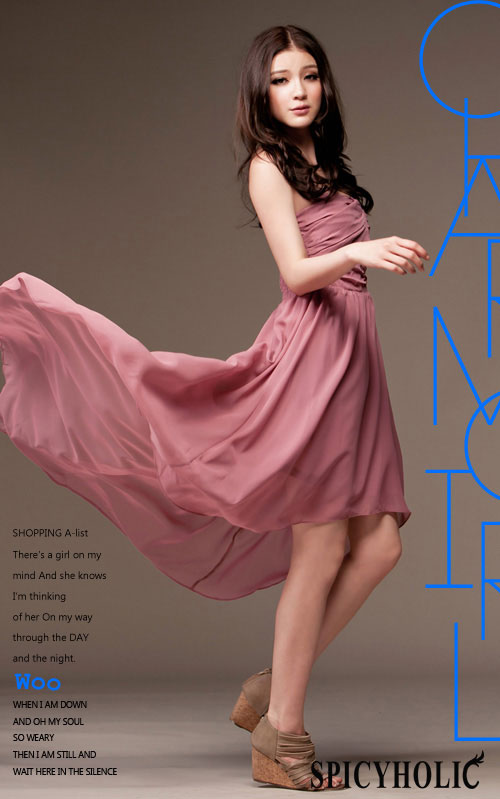 maxi dress ชุดเดรสยาว แฟชั่น ใส่ไปงานแต่งงาน เกาะอก ผ้าชีฟอง สีชมพู ใส่ออกงาน น่ารัก สวยๆ Asia Street Fashion