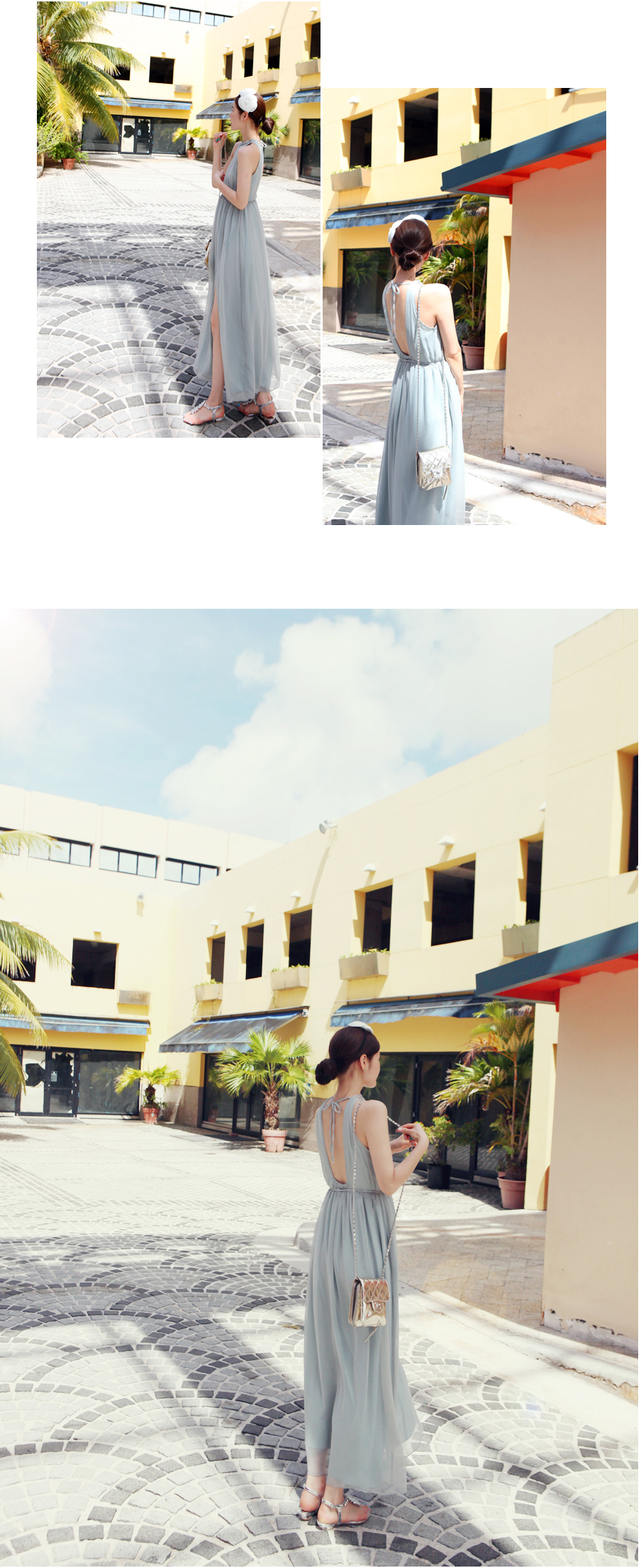 maxi dress - ชุดเดรสยาวผ้าชีฟอง ใสเที่ยว ใส่ทำงาน แขนกุด เปิดหลัง สีเขียว น่ารัก ใส่ออกงานได้ Asia Street Fashion