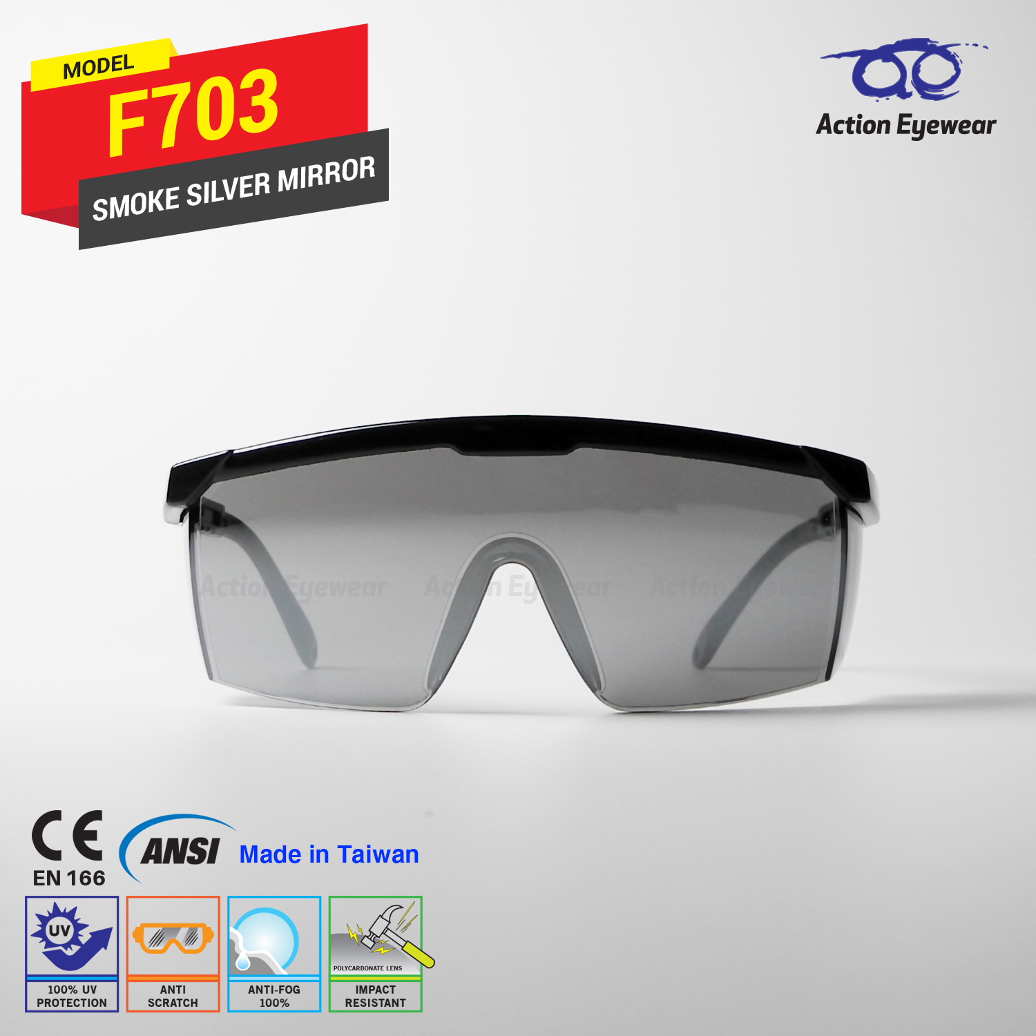 แว่นตานิรภัย รุ่น F703 (กันฝ้า 100%) เลนส์ดำปรอท