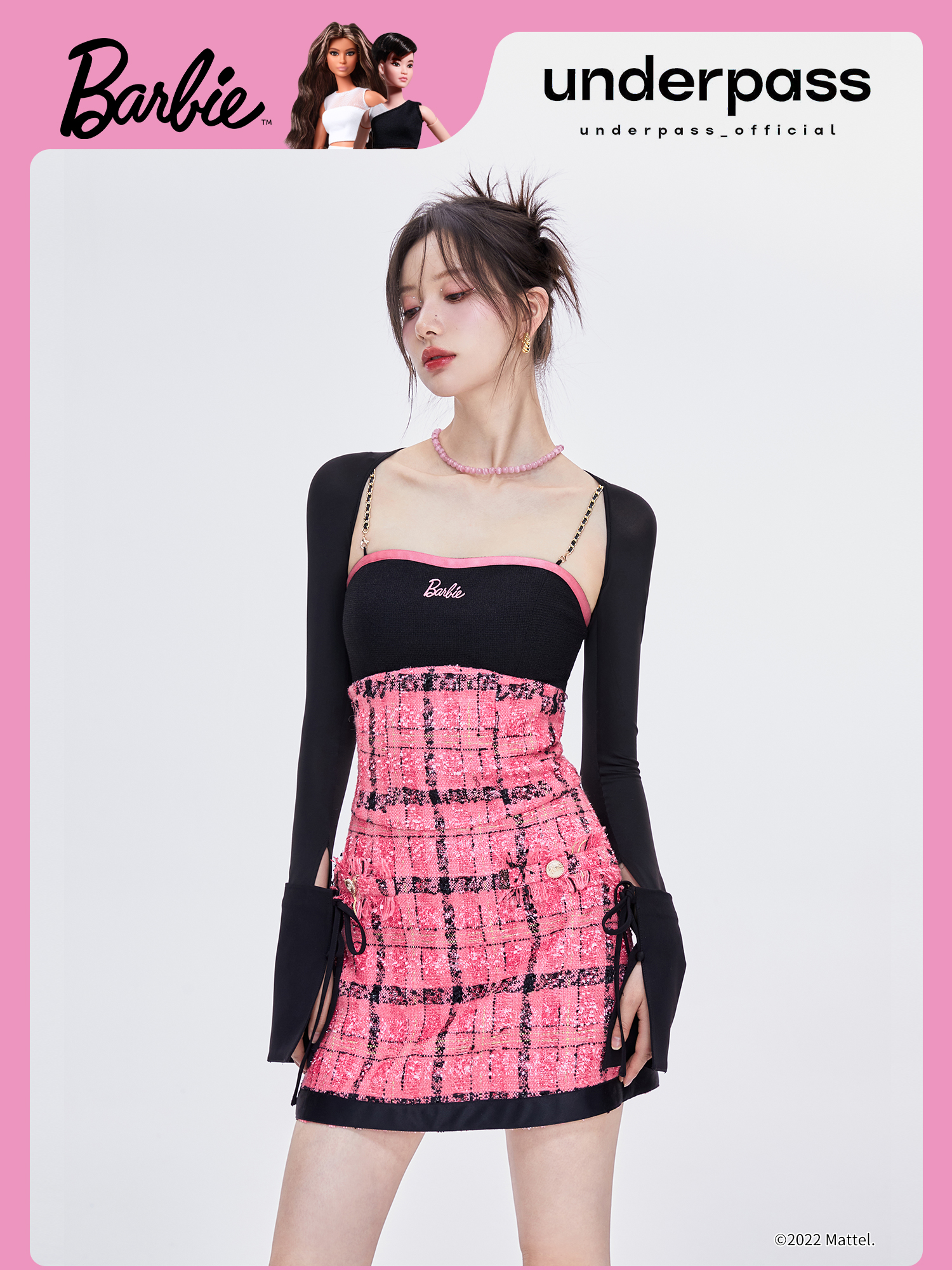 Underpass : พรีออเดอร์ คอลเลคชั่นลิมิเต็ดบาร์บี้ underpassXbarbie เดรสสายโซ่ผ้าทวีตสีแบล็คพิงค์ + เสื้อคลุมไหล่แขนยาว