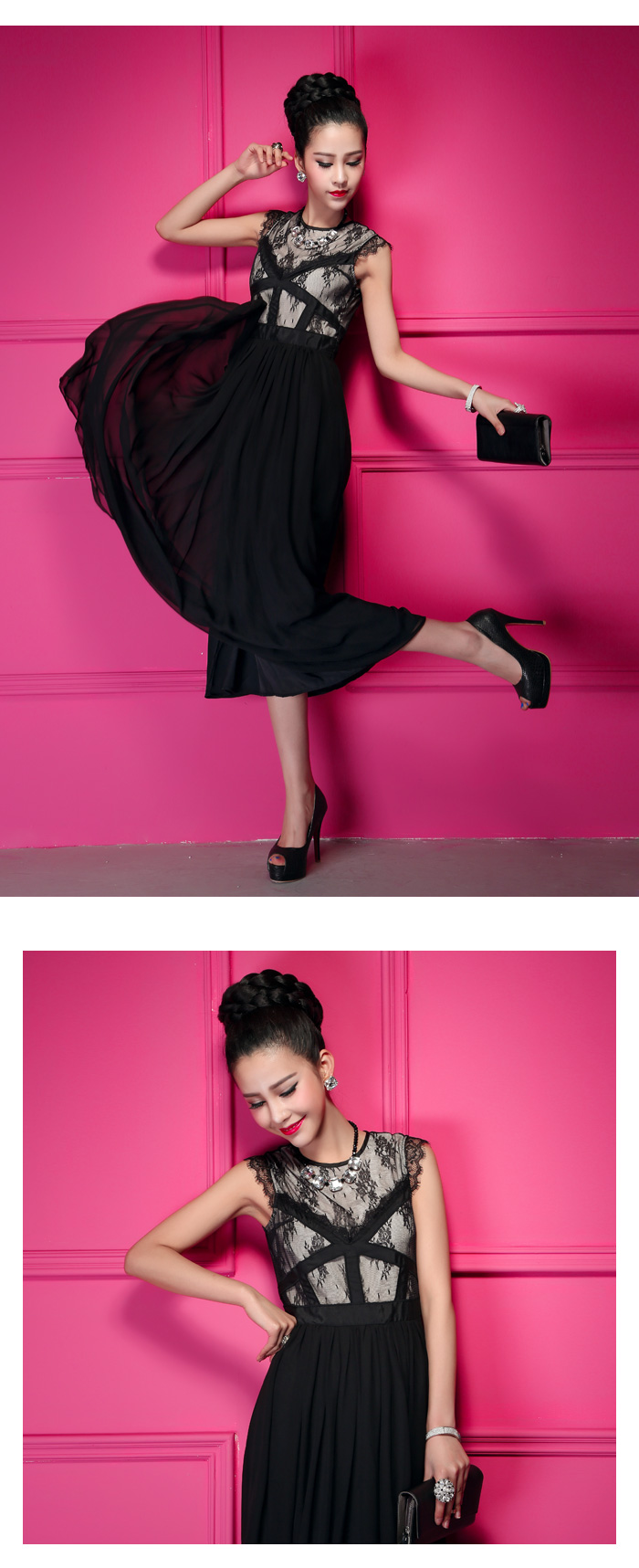 maxi dress ชุดเดรสยาว แฟชั่น ผ้าชีฟอง แต่งลูกไม้ แขนกุด สีดำ ใส่ออกงาน