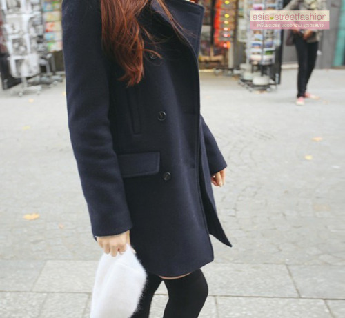 เสื้อโค้ทกันหนาว รุ่นกระดุม 2 แถว สไตล์เกาหลี ผ้าวูลเนื้อดี พร้อมส่ง DARK BLUE