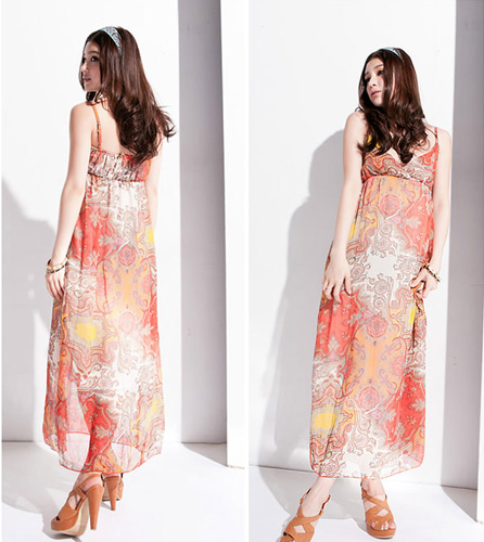 MAXI DRESS เดรสยาวแฟชั่นสายเดี่ยว ใส่ทำงาน เที่ยว ผ้าชีฟอง ลายโทนน้ำตาล ใส่ออกงาน ASIA STREET FASHION