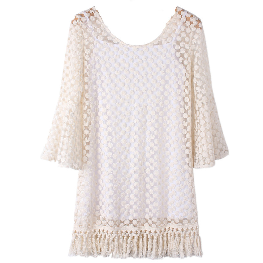 ZANZEA Vintage Hippe Boho Floral Lace Bell Sleeve Gypsy Mini DressesTops Beige